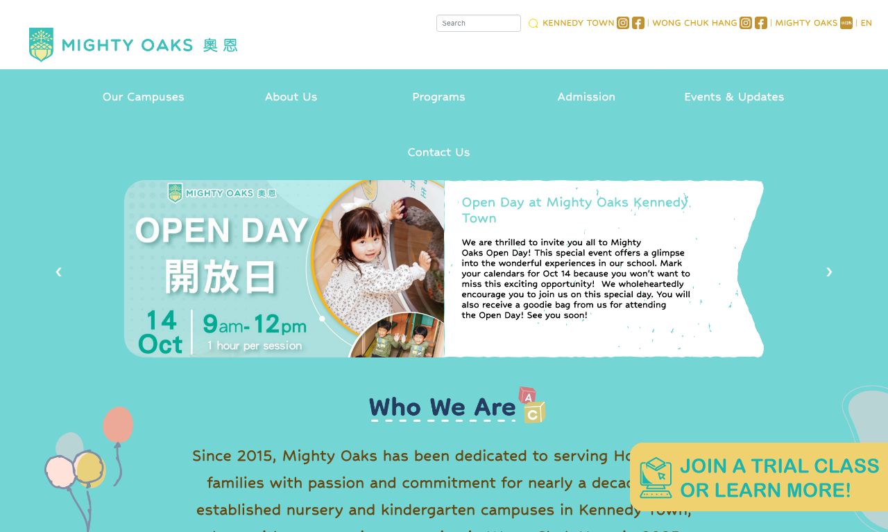 Screenshot of the Home Page of MIGHTY OAKS INTERNATIONAL KINDERGARTEN