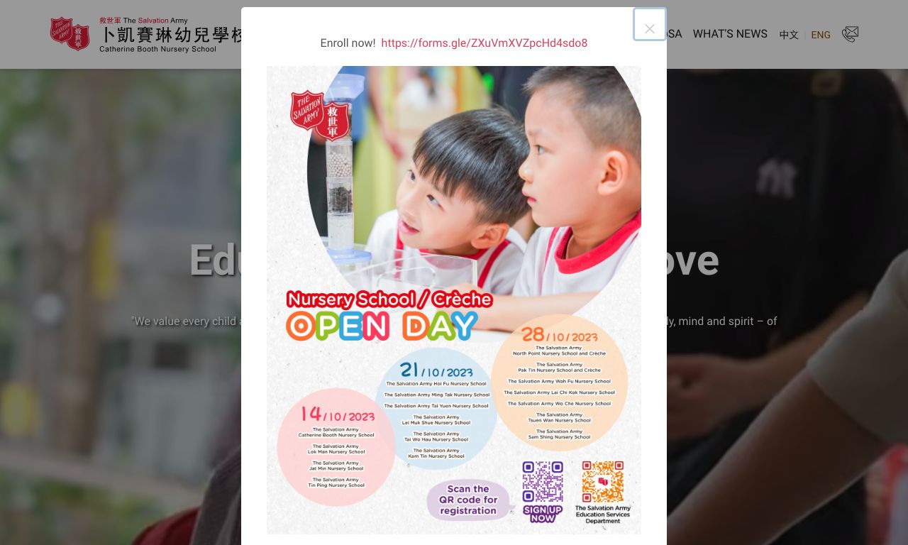 Screenshot of the Home Page of THE SALVATION ARMY CATHERINE BOOTH NURSERY SCHOOL