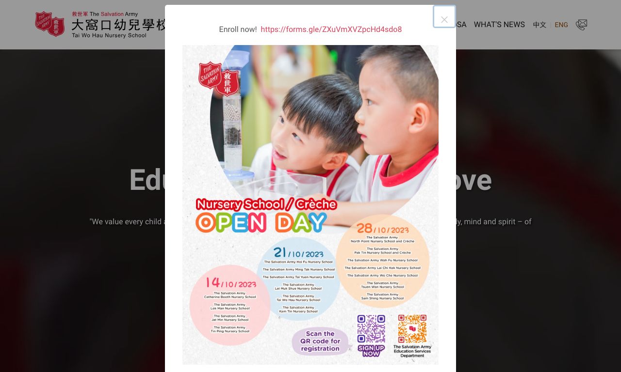 Screenshot of the Home Page of THE SALVATION ARMY TAI WO HAU NURSERY SCHOOL