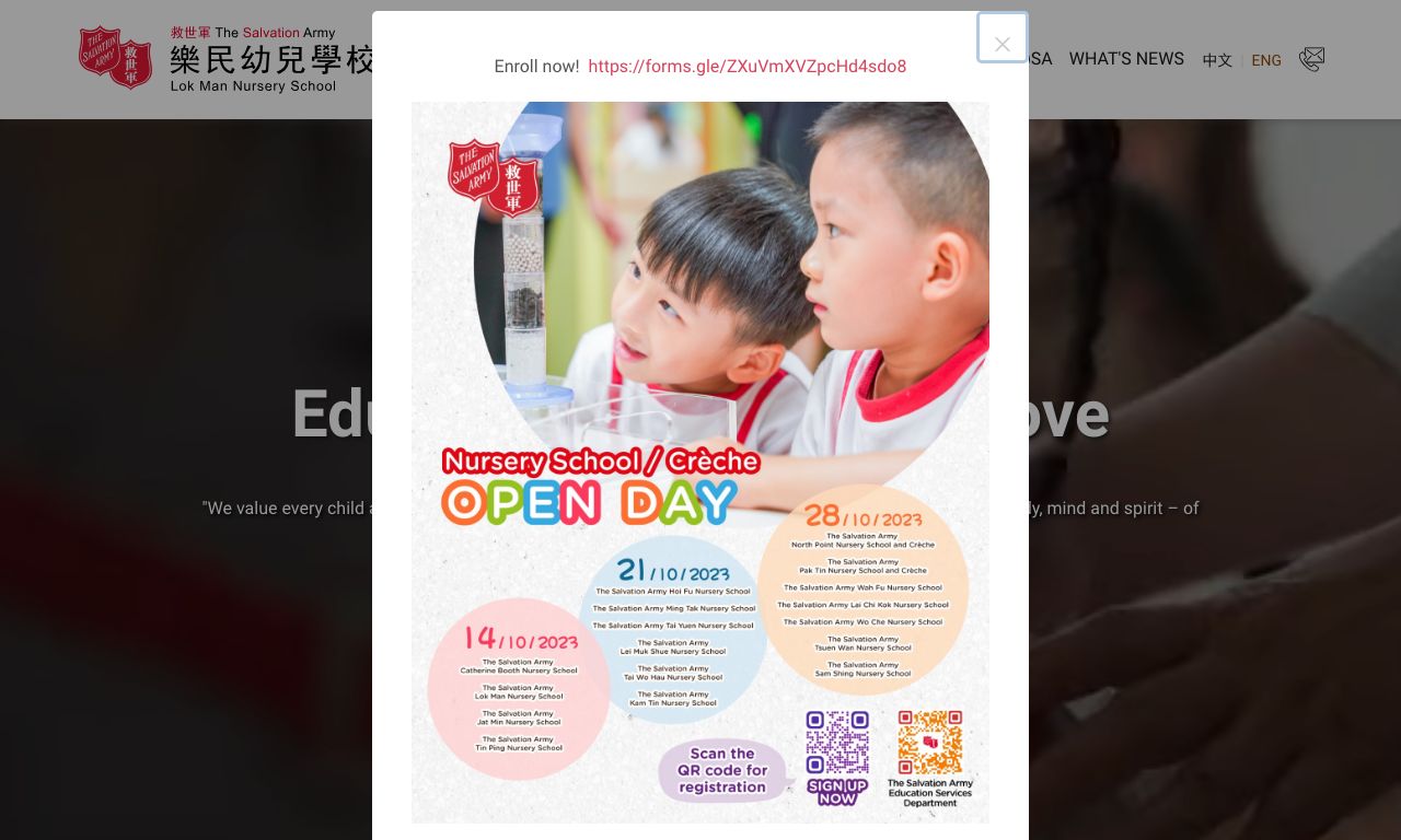 Screenshot of the Home Page of THE SALVATION ARMY LOK MAN NURSERY SCHOOL