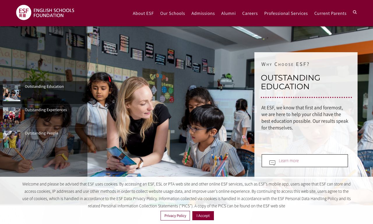 Screenshot of the Home Page of ESF INTERNATIONAL KINDERGARTEN (TSING YI)